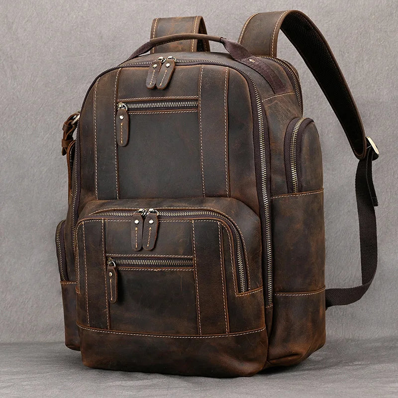 Fashion Designer Leather Backpack Vintage Style Crazy Horse Leather Travel Backpack Bag 100% Genuine Leather Computer Bag Men