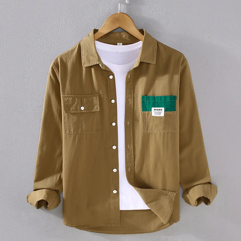 2307 Trendy Handsome Male Shirts Personality Patchwork Koreab Style Casual Loose Long Sleeve Lapel Cotton Blouse Men'S Clothing Men Shirt