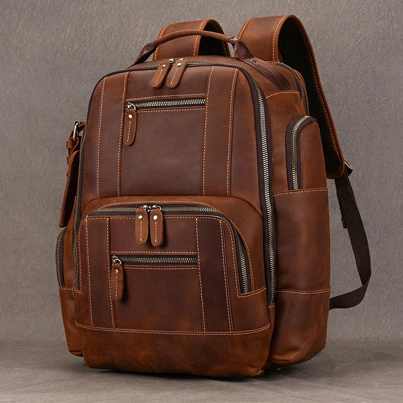 Fashion Designer Leather Backpack Vintage Style Crazy Horse Leather Travel Backpack Bag 100% Genuine Leather Computer Bag Men