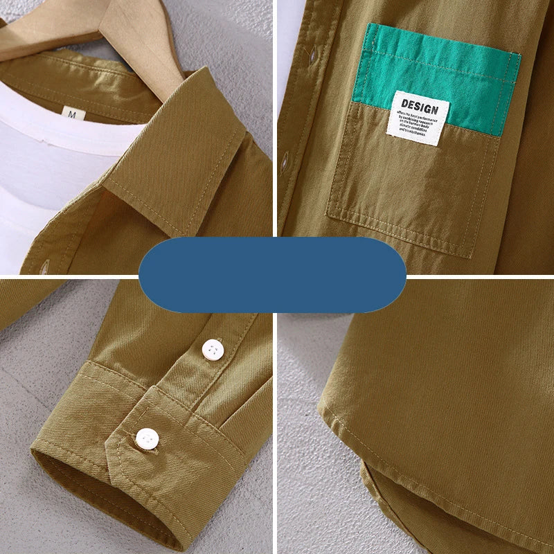 2307 Trendy Handsome Male Shirts Personality Patchwork Koreab Style Casual Loose Long Sleeve Lapel Cotton Blouse Men'S Clothing Men Shirt