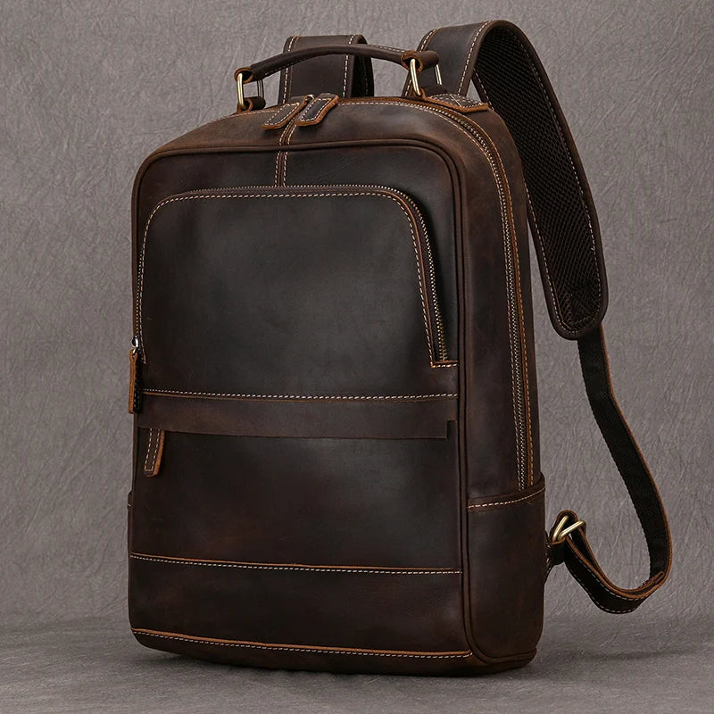 Fashion Designer Leather Backpack Vintage Style Crazy Horse Leather Travel Backpack Bag 100% Genuine Leather Computer Bag Men