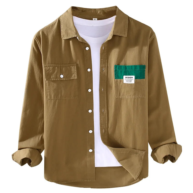 2307 Trendy Handsome Male Shirts Personality Patchwork Koreab Style Casual Loose Long Sleeve Lapel Cotton Blouse Men'S Clothing Men Shirt