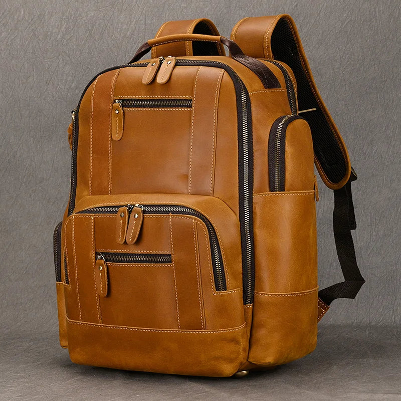Fashion Designer Leather Backpack Vintage Style Crazy Horse Leather Travel Backpack Bag 100% Genuine Leather Computer Bag Men