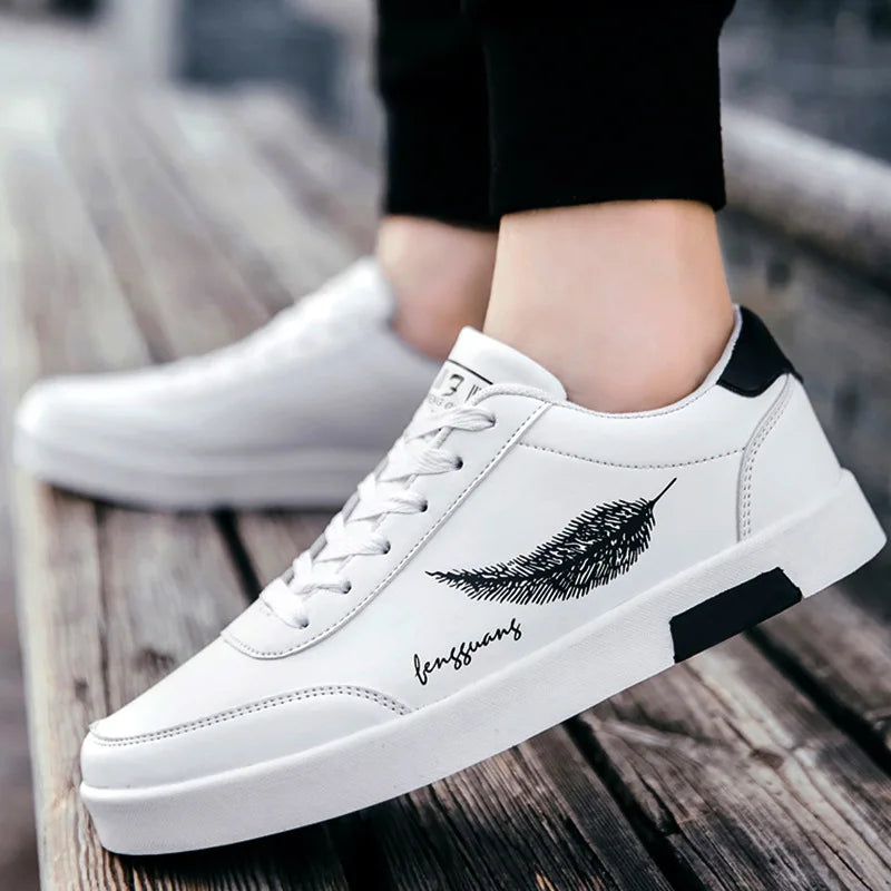 Summer Men Casual Shoes Feather Pattern White Sneakers Comfort Chunky Sneakers Men'S Shoes Trainers Trend Flats Board Shoe Men Shoe